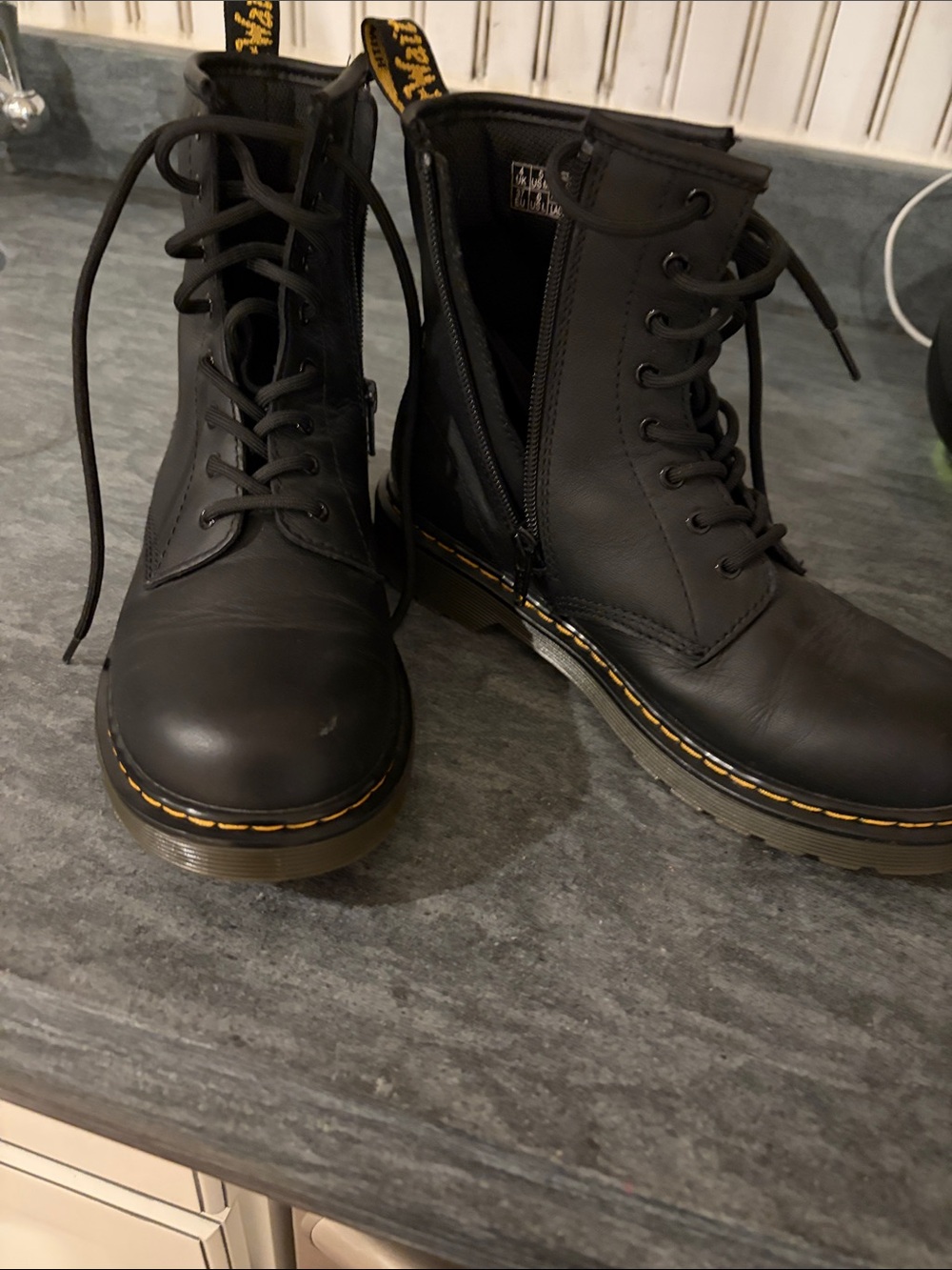 Dr. Martens Black Youth Lace-Up Combat Boots with Yellow Stitching
